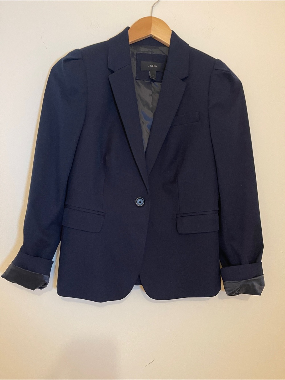 J. Crew Navy Single-Button Women's Blazer. Puff Sleeve Tailored size 6
